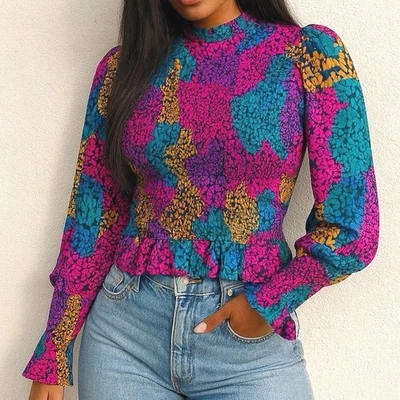 Farm Rio M Blouse Long Sleeve Ruffle Colorful Crop Stretch Purple Blue Going Out - Image 1 of 4
