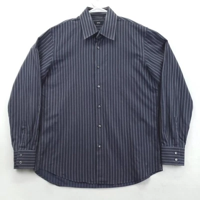 Camisa Hugo Boss Para Hombre 16.5 34/35 Azul Marino Blanco Rayas Botón Delantero Manga Larga Foto 1 de 4