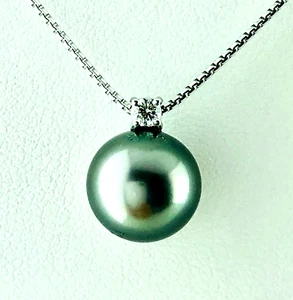 Perla Nera Tahiti 10mm e Diamante 0,08 Catenina Oro 18kt Collana Donna Pendente - Imagen 1 de 7