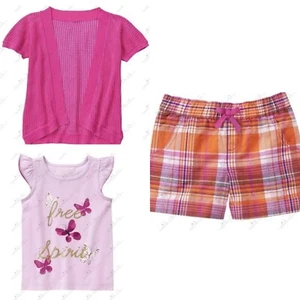 Gymboree Girls 5 Spice Market Pink Cardigan Butterfly Tee Plaid Shorts Set NWT - Picture 1 of 6
