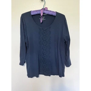 Top de punto VanHuesen azul marino con rayas de ganchillo en la parte delantera mangas 3/4 mujer talla XL - Imagen 1 de 4