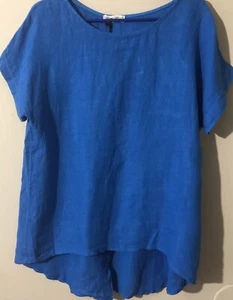 Terzo Millennio 100% Linen Button Back Tunic High/Low Top Italy Royal Blue Sz S - Picture 1 of 6