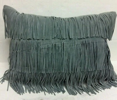Frontgate Suede Fringe LUMBAR Pillow Decorative throw chair sofa 14x20 green - Image 1 of 4