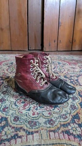 Rare Antique Early Primitive Leather Red Childs Laced High Top Shoes 6.5" - Picture 1 of 8