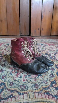 Rare Antique Early Primitive Leather Red Childs Laced High Top Shoes 6.5" - Image 1 of 4