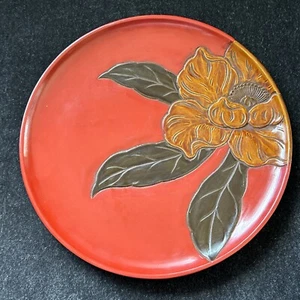 Kamakura Wooden Lacquer Tray, Carved Magnolia, Japan, 12” Diameter - Picture 1 of 7