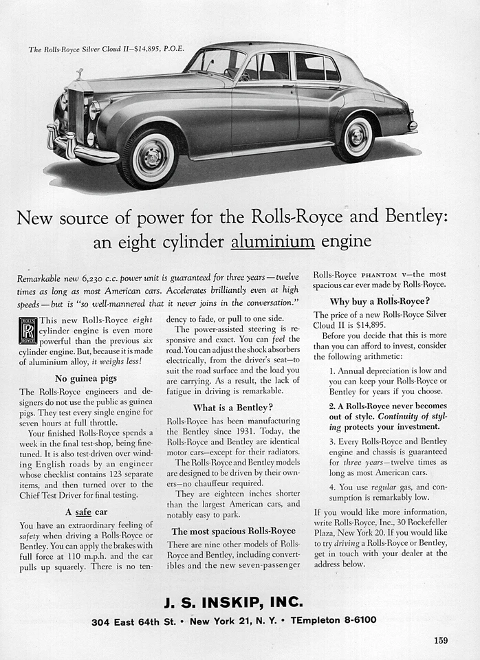 1960 年劳斯莱斯 Silver Cloud II 原版罕见印刷广告 — 第 1/1 张图片
