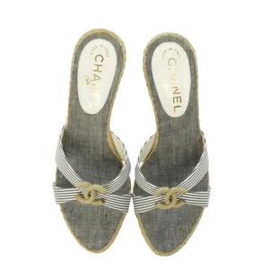 Vintage CHANEL Coco Mark Marine Mule Sandals 36 23Cm Heel Height 9Cm Gray Beige - Picture 1 of 12