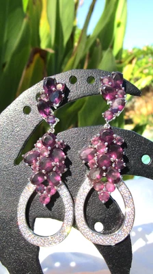 Long dangle earrings simulated purple sapphire white CZ 2 5/8" pre-owned - Image 1 of 3