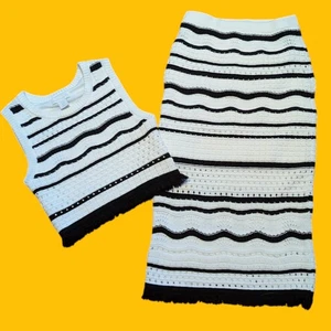 HOUSE OF HARLOW 1960 2pc Set Crochet Knit Crop Top Midi Skirt White Black XS #Cl - Picture 1 of 20