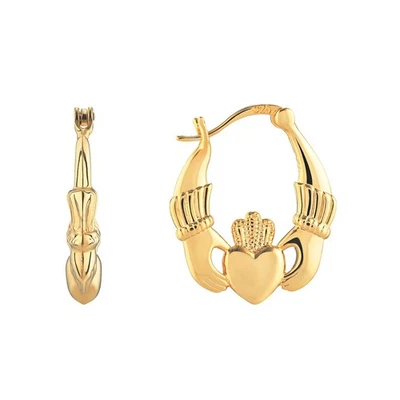 Claddagh Earrings 9ct Yellow Gold Plated On Sterling Silver Hallmarked Brand New - Image 1 of 3