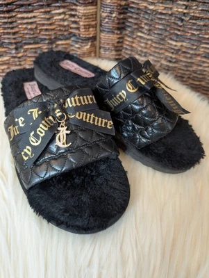Juicy Couture Quilted Faux Fur Slippers Women's XL Slides Rhinestones Bow Hearts - Image 1 of 4