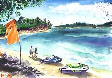 Landscape painting, watercolor art, seascape, sea, vacation, ocean, couple love