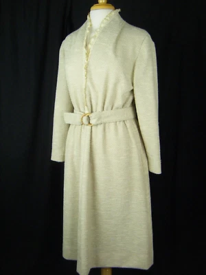 Vtg 60-70s Beige Woven Knit Dress w/Ruffle Lace-Bust 39/S-M - Image 1 of 4