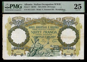 Albania 20 Franga 1939 PMG 25 P#7 Series B12 Italian Occupation WWII - Picture 1 of 4