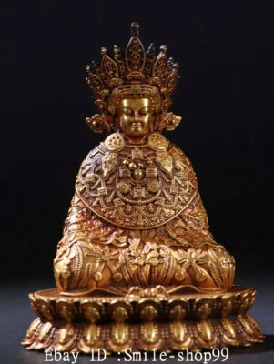 4.3" Antigua China Dinastía Ming Cobre 24K Dorado Mazu Buda Loto Asiento Estatua Foto 1 de 4