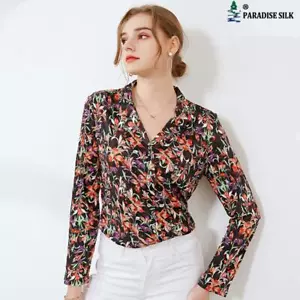 Seda Natural Mujer Manga Larga Estampado Floral Camisa Clásica - Imagen 1 de 8