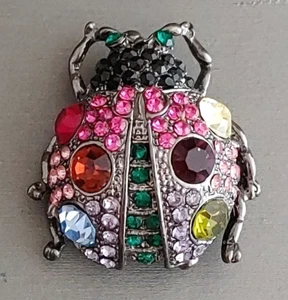 Cute Multicolored LADYBUG Brooch Pin Rhinestones Gunmetal Finish Insect Jewelry - Picture 1 of 7
