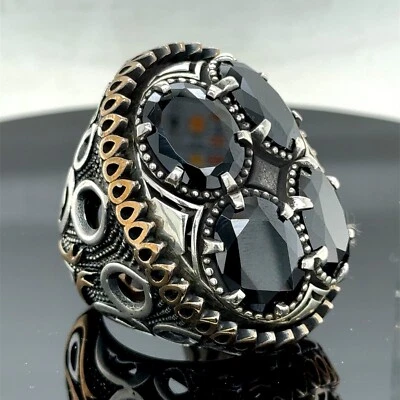 Anillo de plata 925 para hombre de ónix negro anillo grande de plata con piedras preciosas de ónix estilo otomano Foto 1 de 4