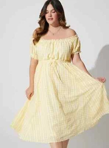 TORRID 2X Midi Seersucker Off Shoulder Peasant Dress Yellow Gingham Cottagecore - Picture 1 of 12