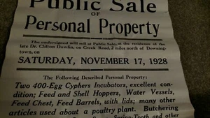 Paper PUBLIC SALE notice from 1928. Grandparents estate sale. Ford Touring Car - Picture 1 of 2