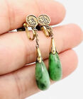 14k Gold & Teardrop Jade Drop Dangle Earrings Screw Backs 5gm Vintage Jewelry