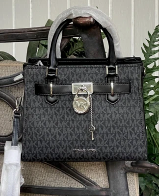 MICHAEL KORS HAMILTON SMALL SATCHEL KEY LOCK SHOULDER BAG TOTE BLACK LOGO SILVER - Image 1 of 4