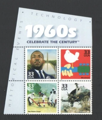 4 Unused US Postage 33 Cent Stamps 1960s Celebrate the Century MLK Woodstock Pea - Image 1 of 2