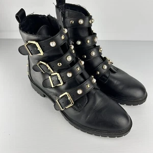 Betts Women’s Black Leather Combat Studded Ankle Boots Size 9 - Picture 1 of 5