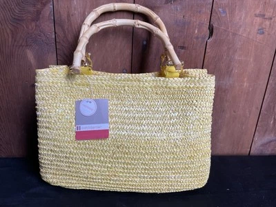 Nuevo con etiquetas Cartera Croft & Barrow Vintage Años 90’s Amarillo Paja Mango Bambú Forro a Lunares Foto 1 de 4