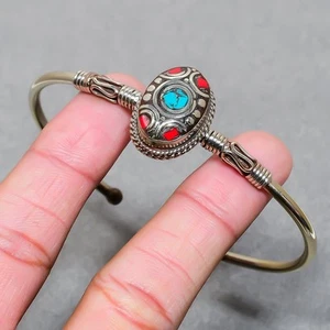 Turquesa Rojo Coral Hecho a Mano Joyería Étnica Nepalí Brazalete Brazalete... - Imagen 1 de 7