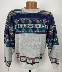 Vintage Fair Isle Sweater Mens Small Heather Gray Ski Colorful Geometric Grunge - Picture 1 of 12