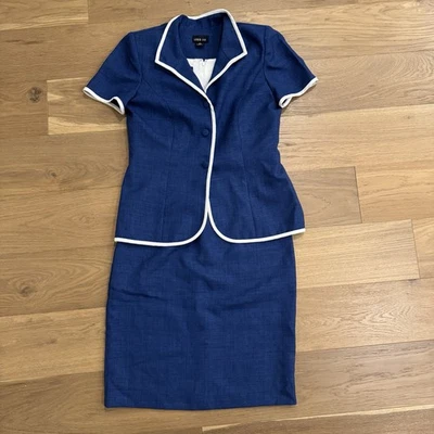 Leslie Fay Blue White Trim Skirt Suit Set 10P Vintage Secretary Nautical - Image 1 of 4