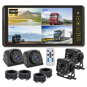 Monitor de espejo dividido cuádruple AHD 9" 1080P cámara de reversa IR 12-24V para auto camión autocaravana - Imagen 1 de 12