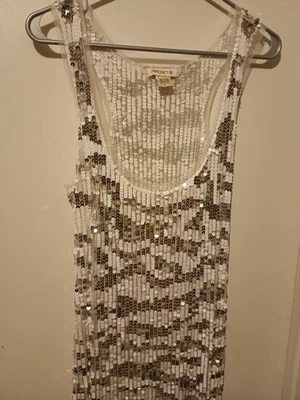 Blusa/vestido largo sin mangas con lentejuelas blancas y plateadas Arden B para mujer talla L Foto 1 de 4