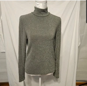 Ralph Lauren Y2K 90's Silver Metallic Lurex Stretch Mock Neck Top Women's L - Picture 1 of 4