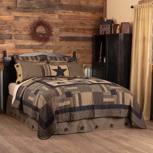 Black Check Star Primitive Twin Quilt Black & Tan Patchwork 68x86" VHC Brands - Picture 1 of 6