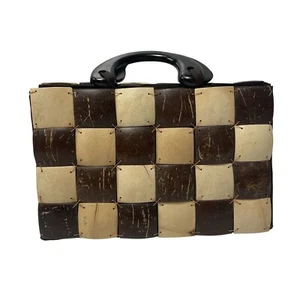 Vtg 60's COCONUT Shell Patchwork MOD Hand Bag SATIN Lined Purse ISLAND Satchel - Picture 1 of 6