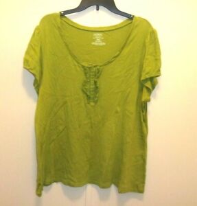 Lane Bryant Lime Green Relaxed Fit Ruffles Open Knit Trim Button Top 18/20W