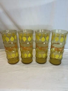 VTG 70's Polynesian Village Walt Disney World Amber Orange Tiki Glasses Set Of 4 - Picture 1 of 7