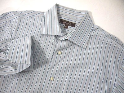 Santorelli Mens Dress Shirt 16R Grey Blue Striped Button Collared French Cuff - Image 1 of 4