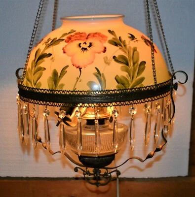 Victorian Parlor Pull Down Lamp Lovely Hand Painted Shade Prism Crystals 1890's - Image 1 of 4