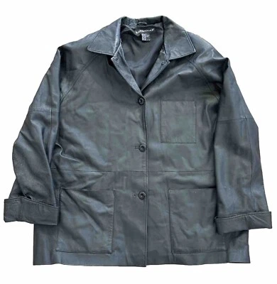 Abrigo Chaqueta Vintage Negro GENUINO Cuero Cuadrado Mujer Talla 3XL XXXL Foto 1 de 4