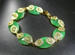 Green Jade Teardrop Beads Yellow Gold Plated Flower Link Clasp Bangle Bracelet - Picture 1 of 5