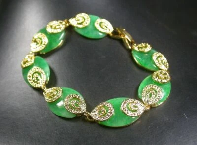 Brazalete brazalete broche eslabón flor chapado en oro amarillo cuentas lágrima jade verde Foto 1 de 4