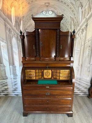 ANTIKER BIEDERMEIER SCHREIBTISCH MIT AUFSATZ ZYLINDERBÜRO UM 1840 EICHE SÄULEN - Bild 1 von 4