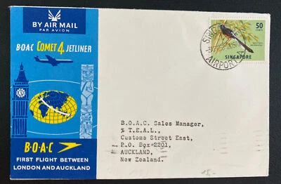Singapur Malaya 1963 primer vuelo cubierta a Auckland Nueva Zelanda BOAC Comet Jet Foto 1 de 2
