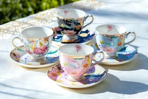 Grace Teaware Spring Flowers Hummingbird Fine Porcelain Tea Cup Saucer Set of 4 - Picture 1 of 10