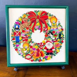 Vintage CHRISTMAS Toys Handmade Colorful Framed Wreath Needlepoint Wall ART - Picture 1 of 11