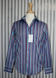 Robert Graham Long Sleeve Shirt Button Front Flip Cuffs Blue Red Striped Small - Picture 1 of 11